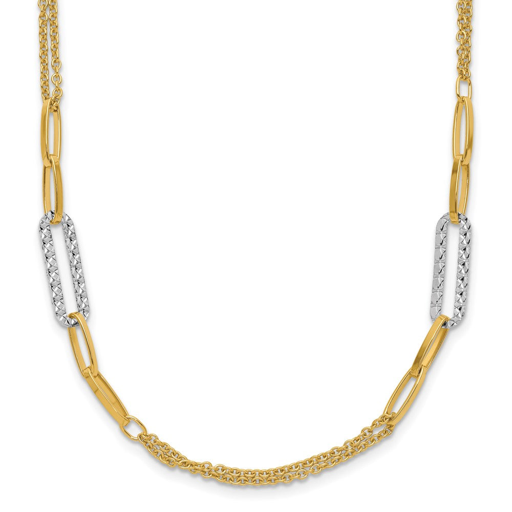 14K Two-tone Polished and Textured Fancy Oval Link Stations Necklace