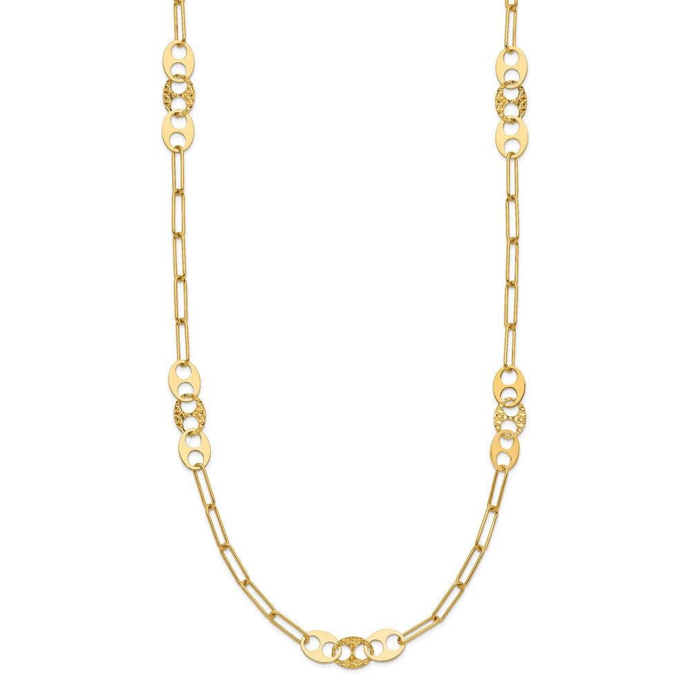 14K Polished and Diamond-cut Paperclip Link with Fancy Oval Stations Necklace