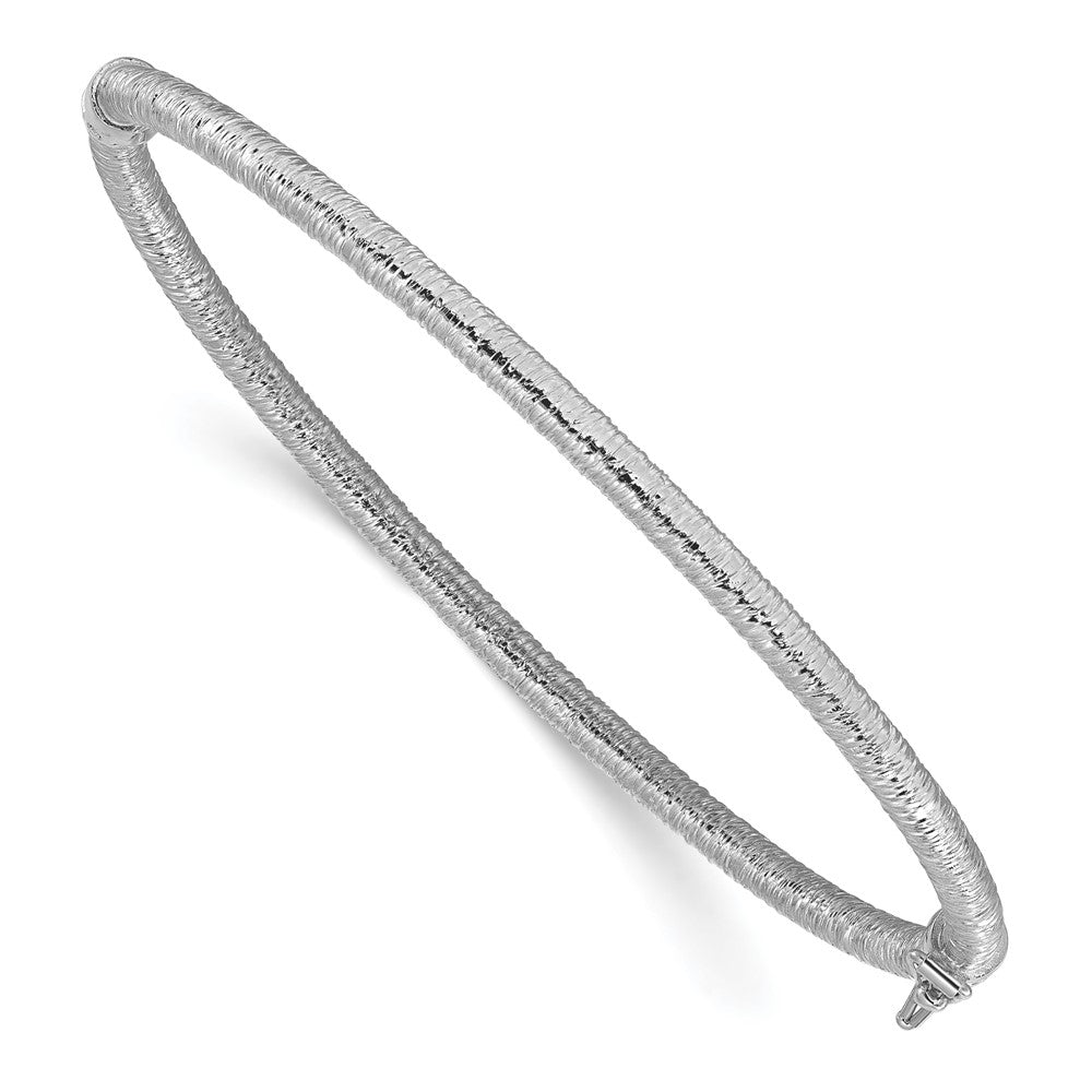 14K w/White RH-plating Polished / Textured Hinged Bangle