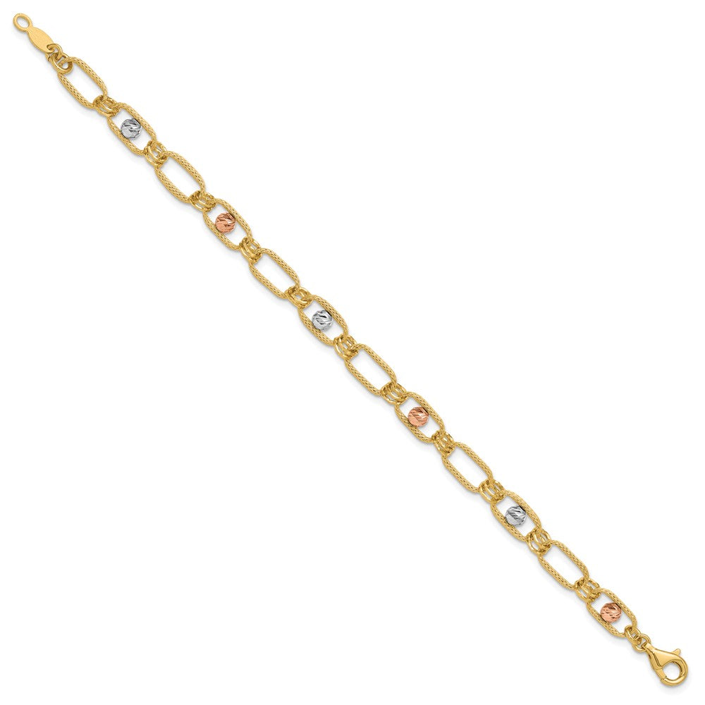 14K Tri-color Polished Textured and Diamond-cut Fancy Link Bracelet