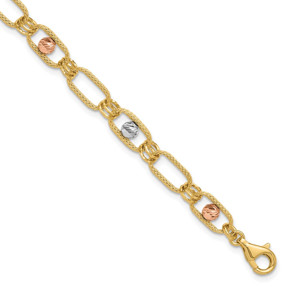 14K Tri-color Polished Textured and Diamond-cut Fancy Link Bracelet