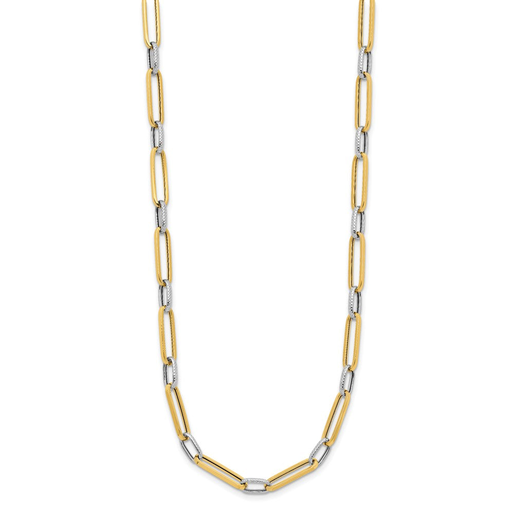 14K with White Rhodium Polished and Textured Fancy Oval Link Necklace