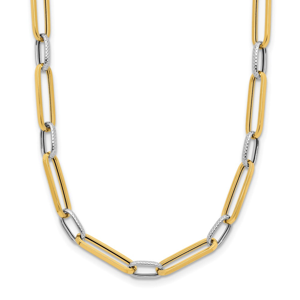14K with White Rhodium Polished and Textured Fancy Oval Link Necklace