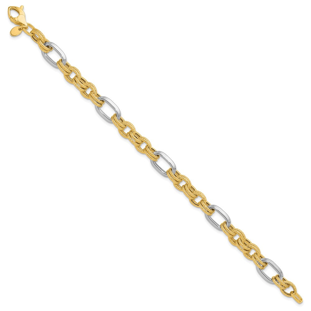 14K Two-tone Polished and Textured Fancy Link Bracelet