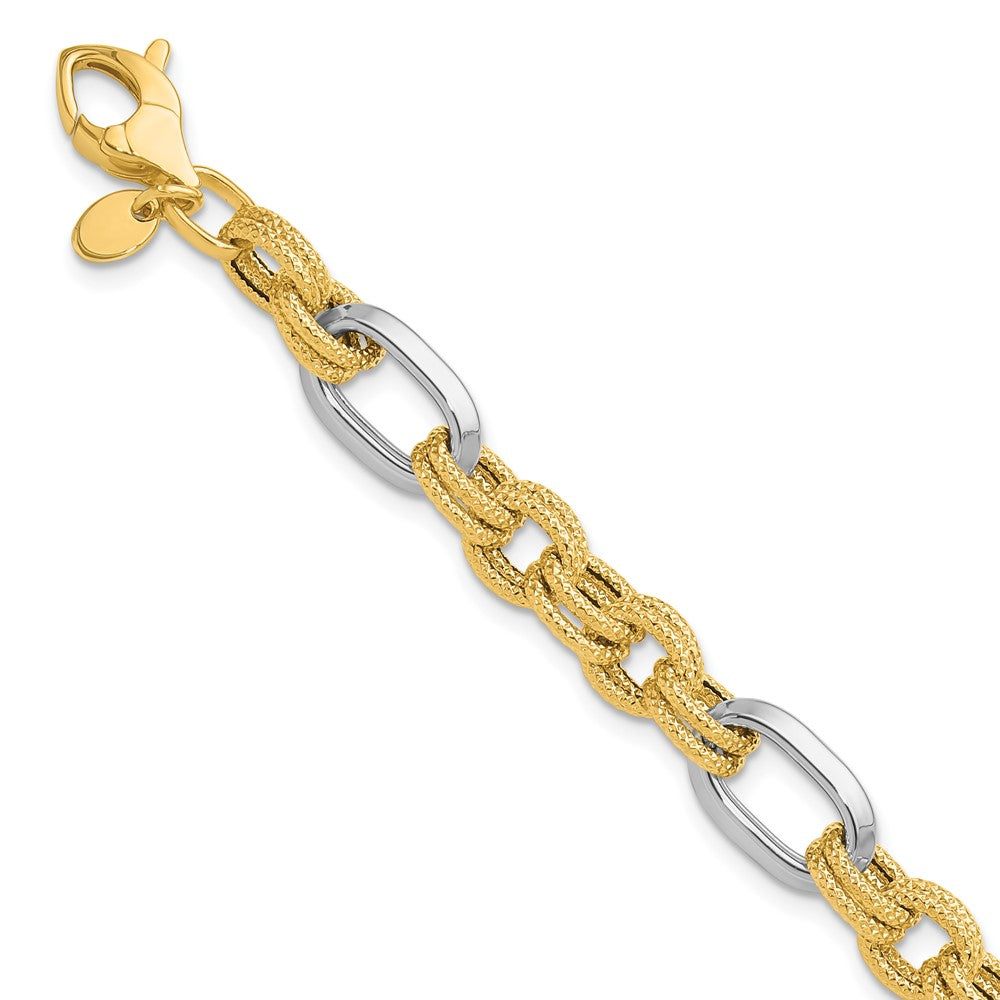 14K Two-tone Polished and Textured Fancy Link Bracelet