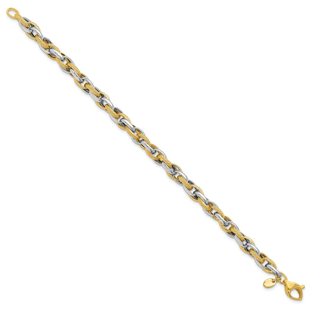 14K Two-tone Polished and Textured Fancy Link Bracelet