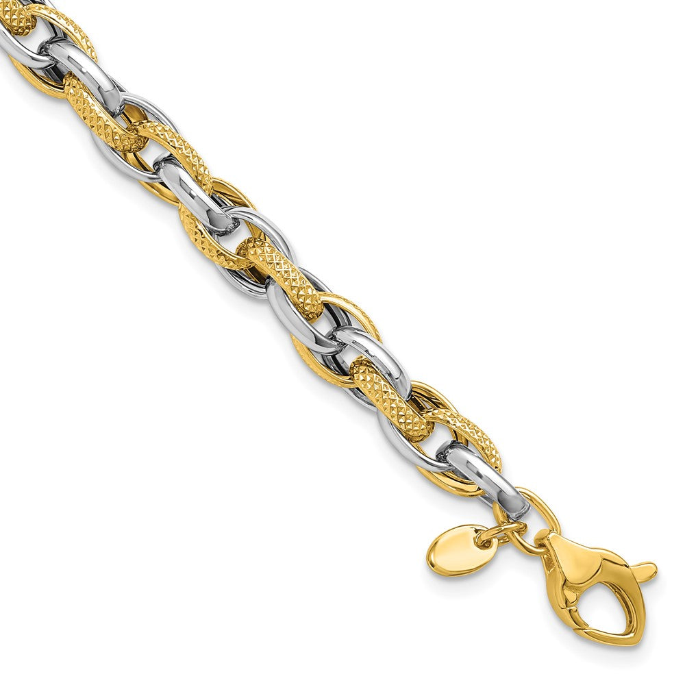 14K Two-tone Polished and Textured Fancy Link Bracelet