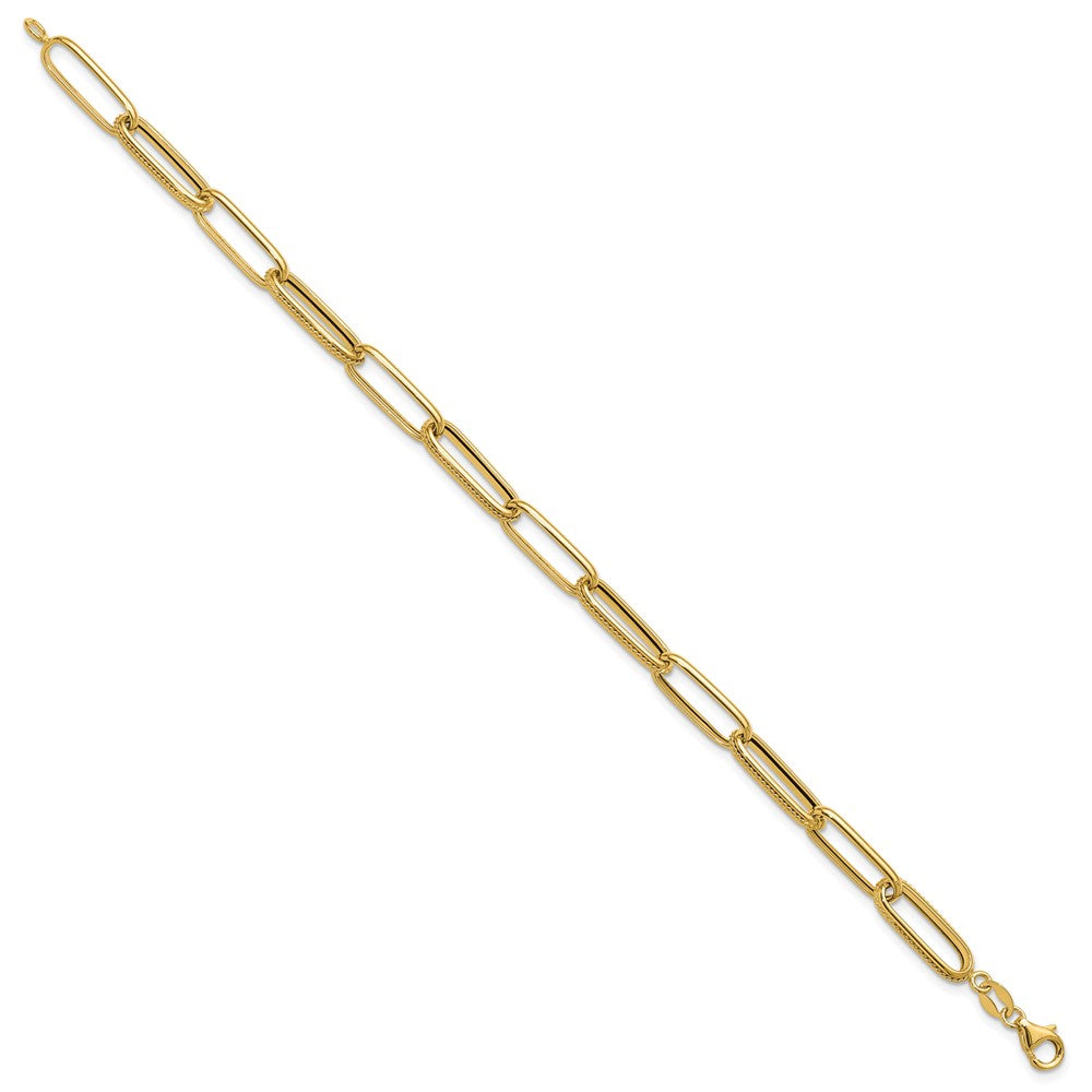 14K Polished and Textured Fancy Paperclip Link Bracelet