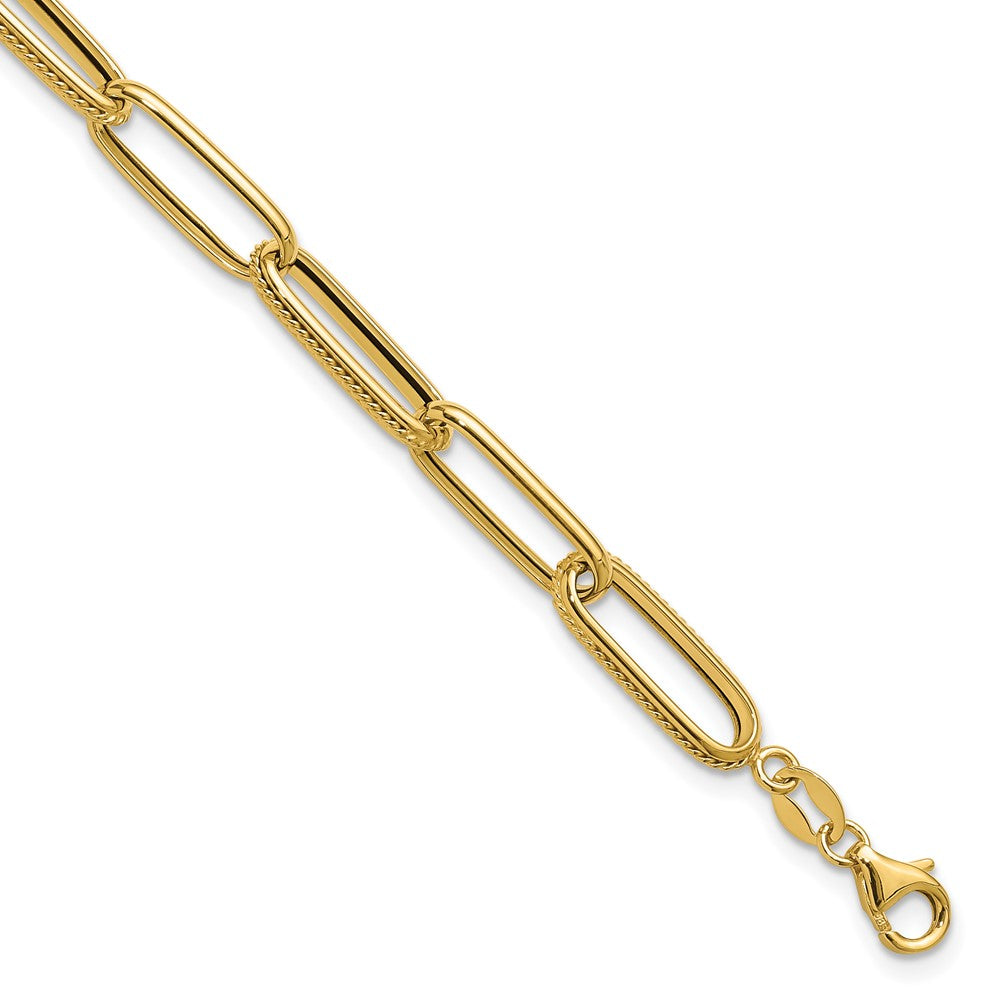 14K Polished and Textured Fancy Paperclip Link Bracelet