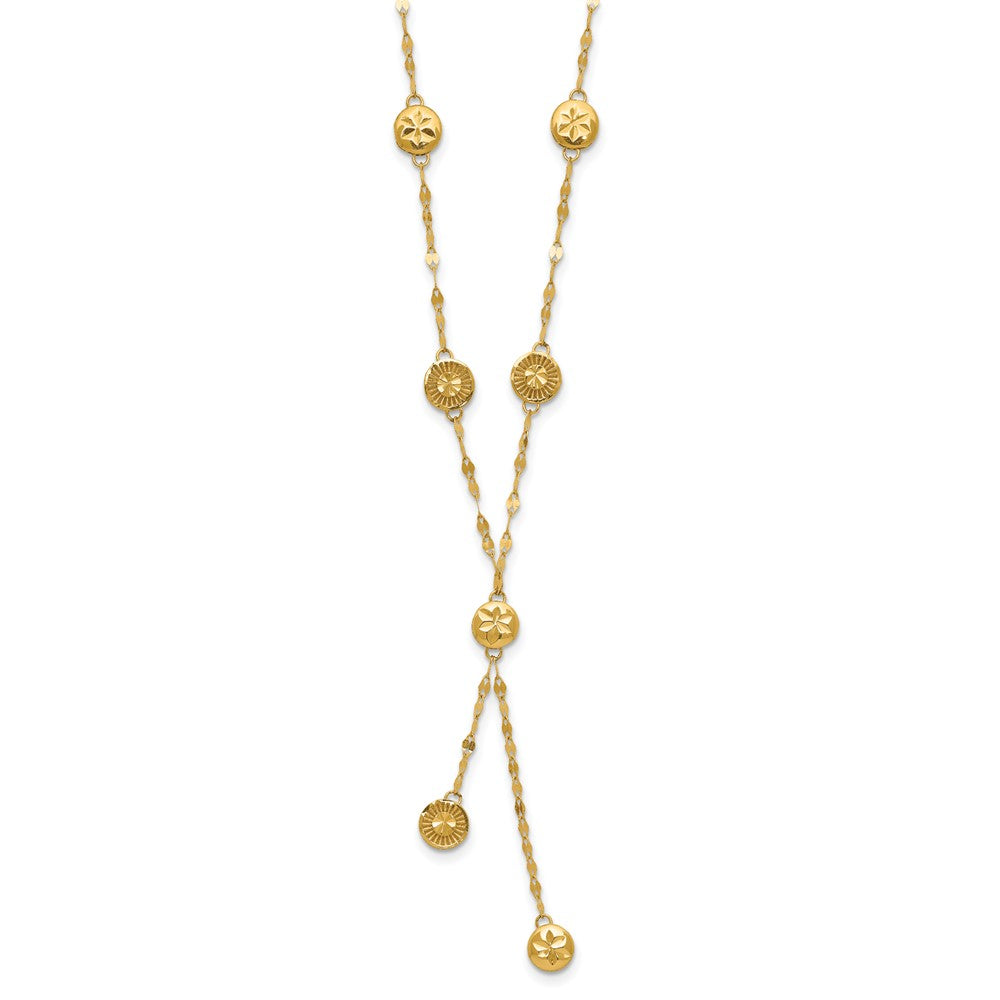 14K Polished and Diamond-cut Disc Design Stations Drop with extender Necklace