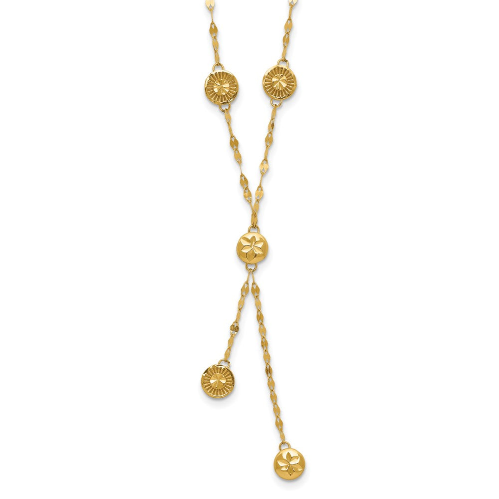 14K Polished and Diamond-cut Disc Design Stations Drop with extender Necklace
