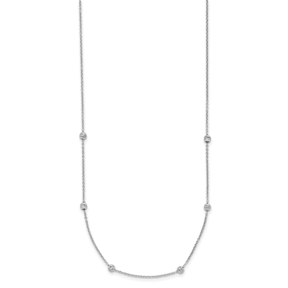 14K White Gold Polished and Diamond-cut Beaded Stations with extender Necklace