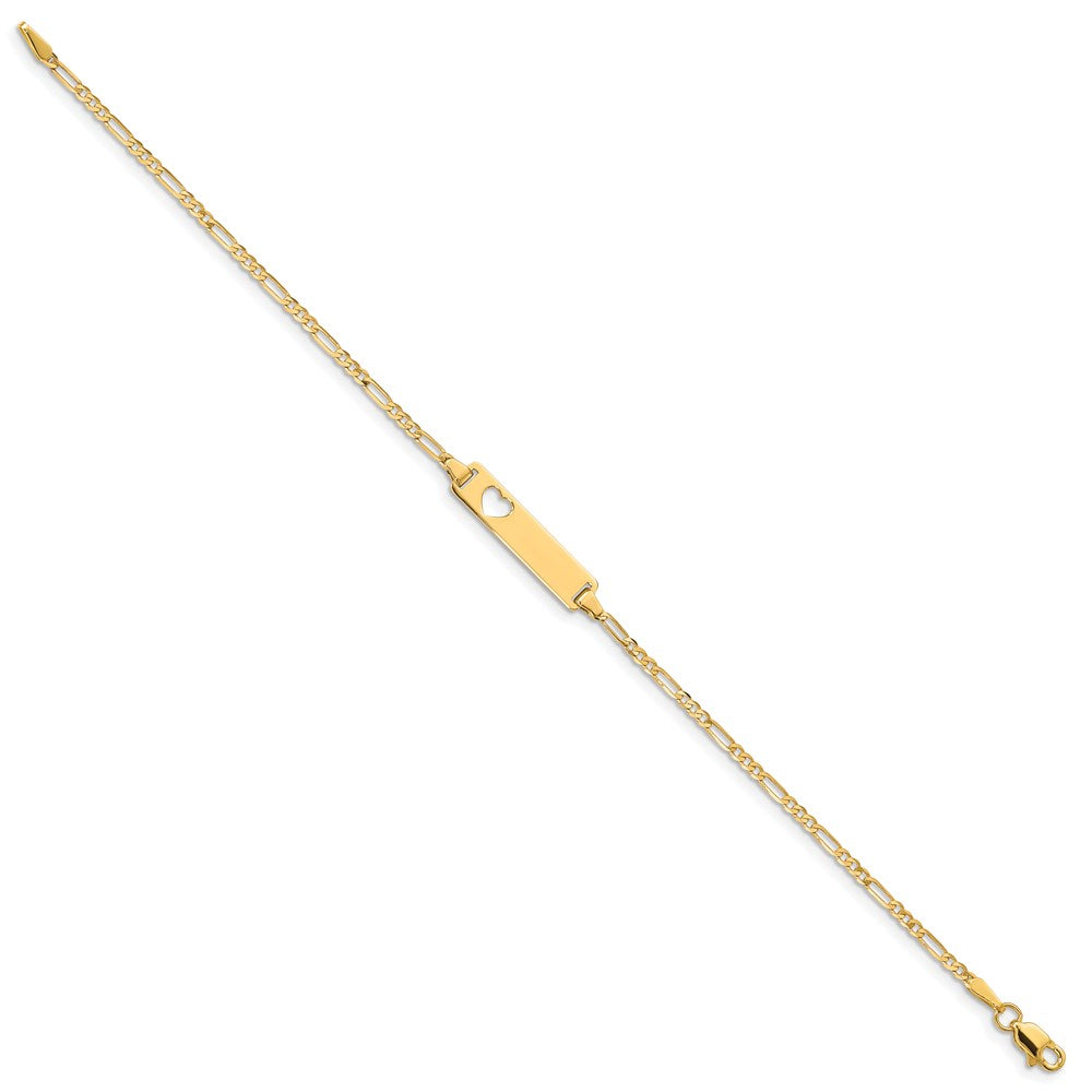 14k Polished Solid Chain/Solid Plate Figaro Link Cut-out Heart 20x Plate ID Bracelet
