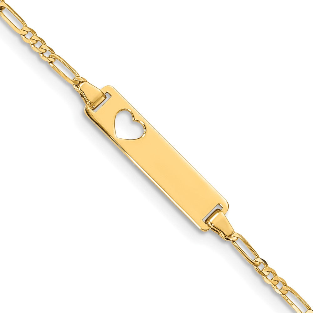 14k Polished Solid Chain/Solid Plate Figaro Link Cut-out Heart 20x Plate ID Bracelet