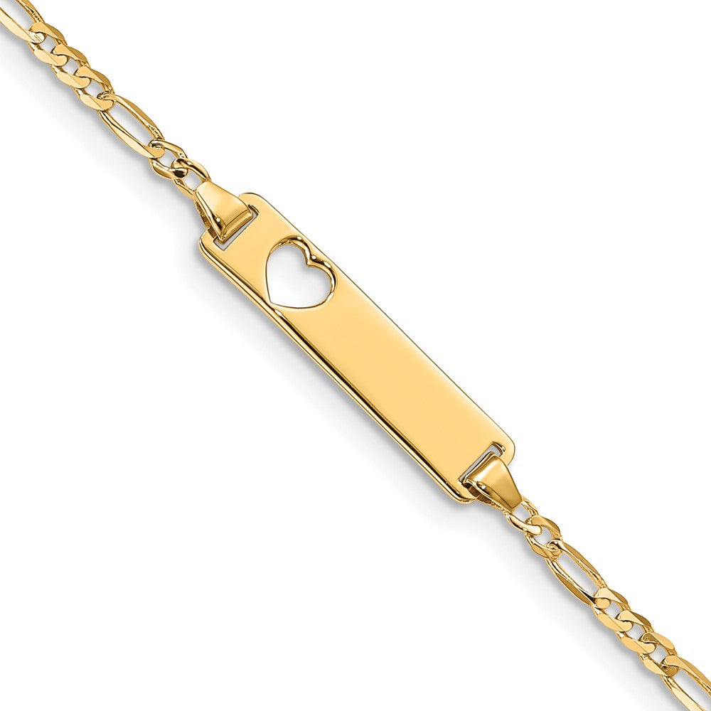 14k Polished Solid Chain/Solid Plate Figaro Link Cut-out Heart 20x Plate ID Bracelet