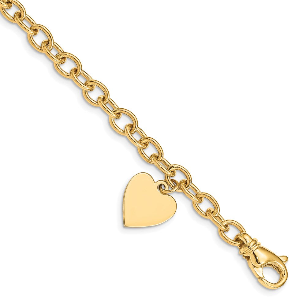 14k Engravable 19x Solid Dangle Heart Charm and Solid Polished Link Bracelet