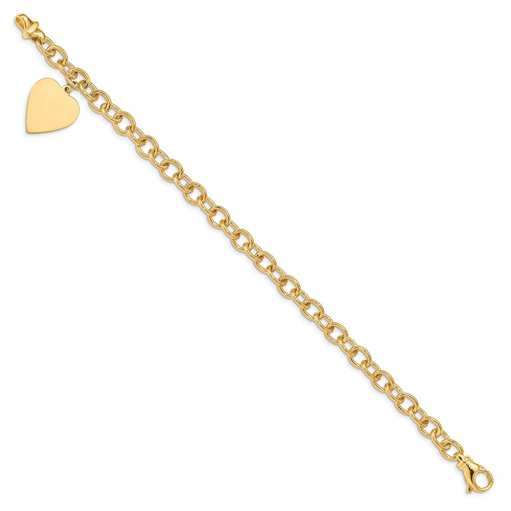 14k Engravable 23x Solid Dangle Heart Charm and Solid Polished Link Bracelet