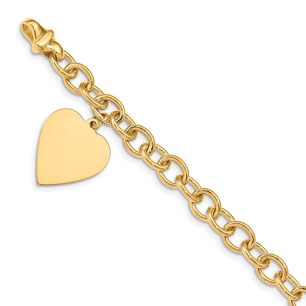 14k Engravable 23x Solid Dangle Heart Charm and Solid Polished Link Bracelet