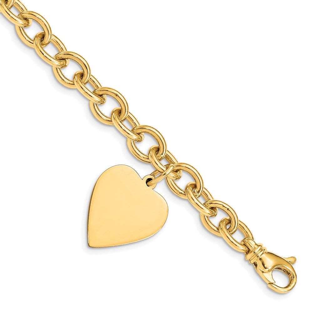 14k Engravable 25x Solid Dangle Heart Charm and Solid Polished Link Bracelet