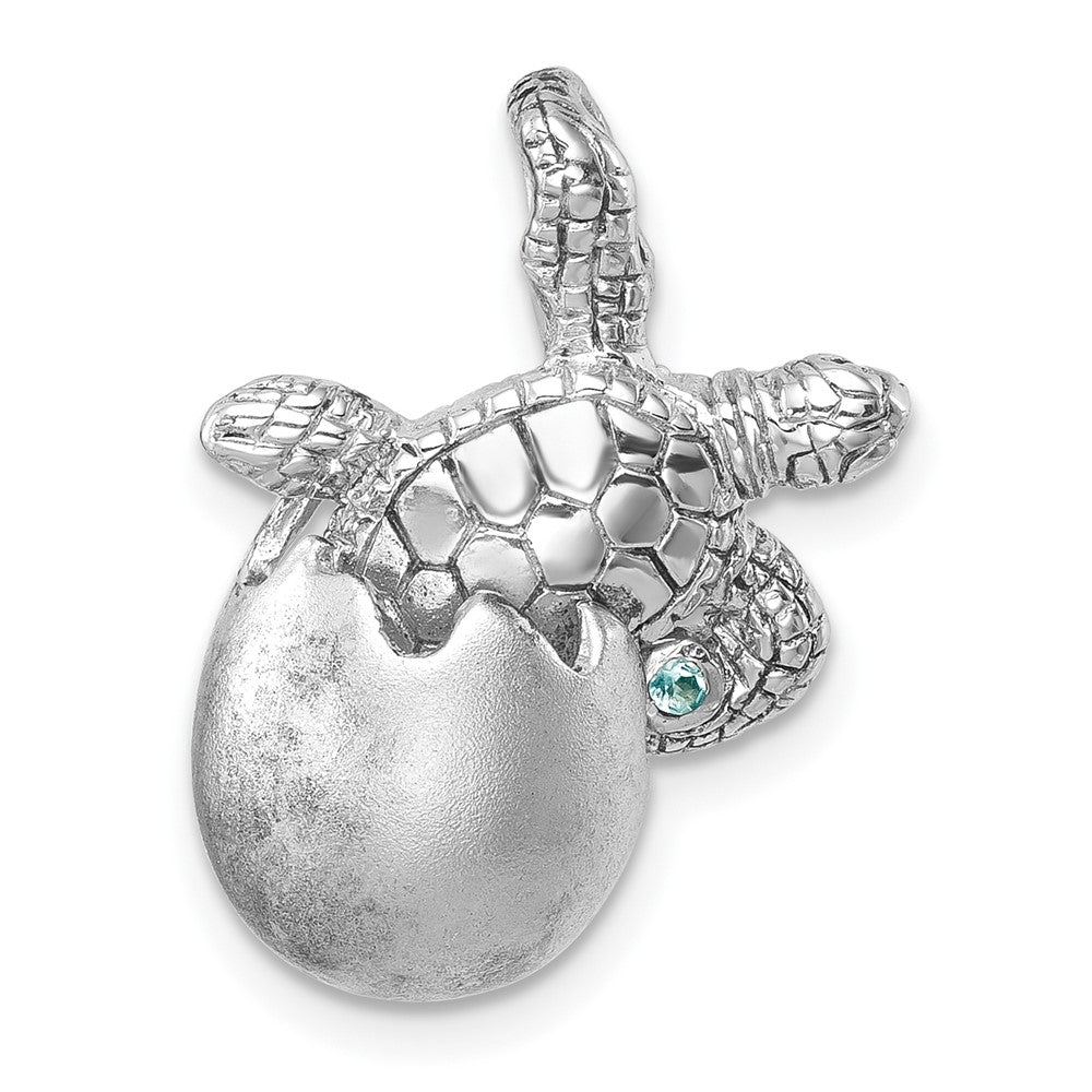 Sterling Silver Rhodium-plated Moveable Crystal Polished Hatching Turtle in Satin Egg Pendant