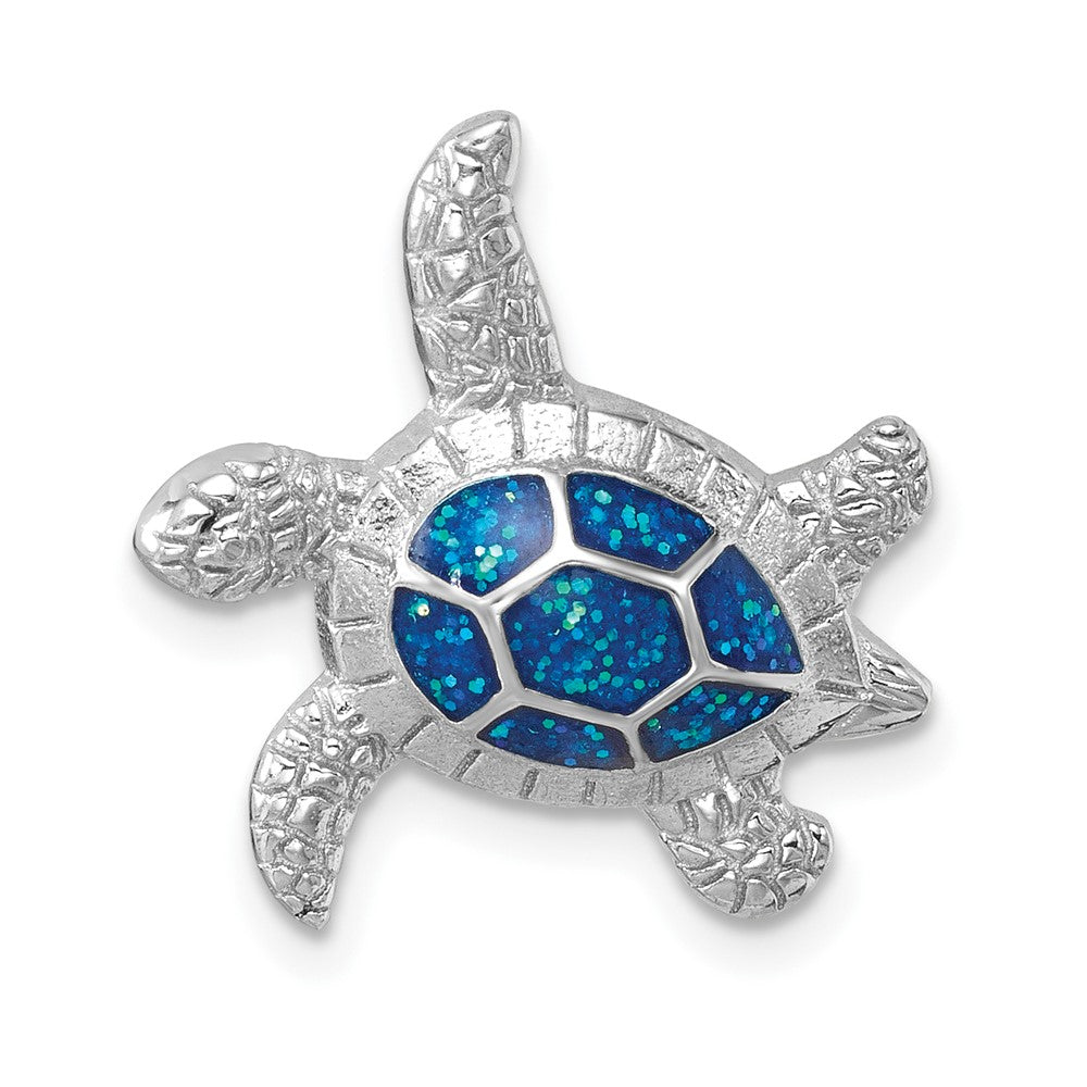 Sterling Silver Rhodium-plated Blue Glitter Enameled Swimming Turtle Chain Slide
