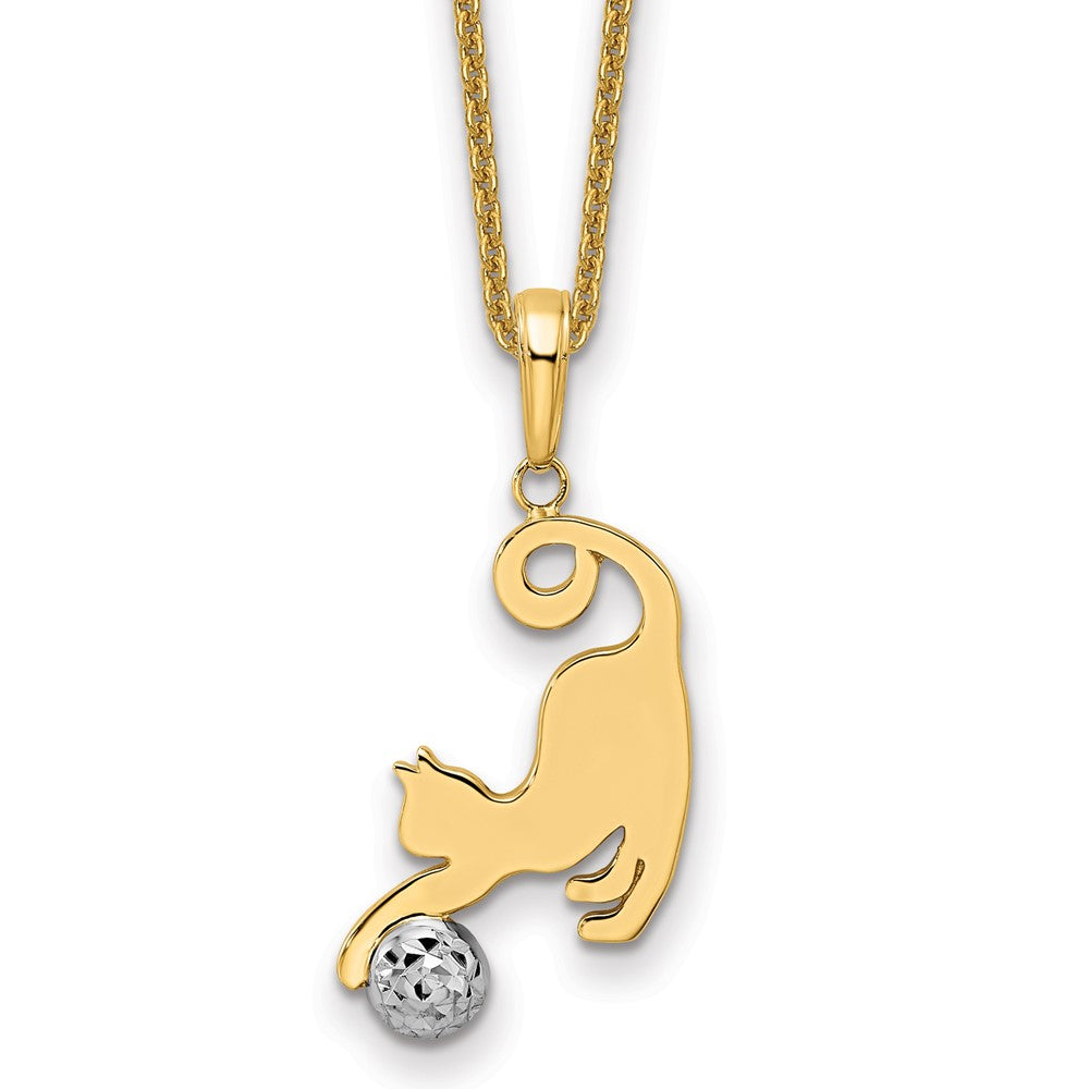 14k and White Rhodium Diamond-cut Cat and Ball Pendant Necklace