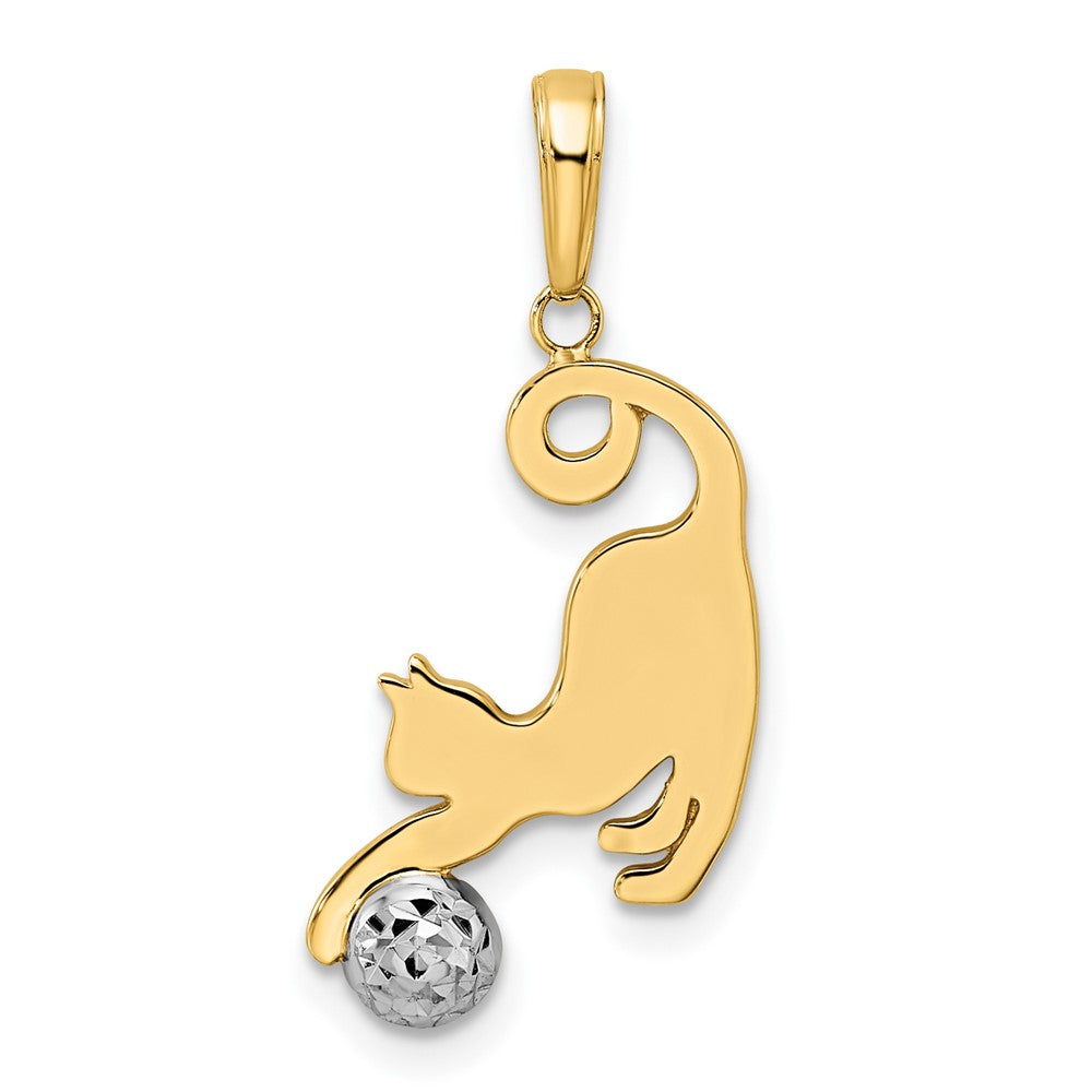 14k and White Rhodium Diamond-cut Cat and Ball Pendant