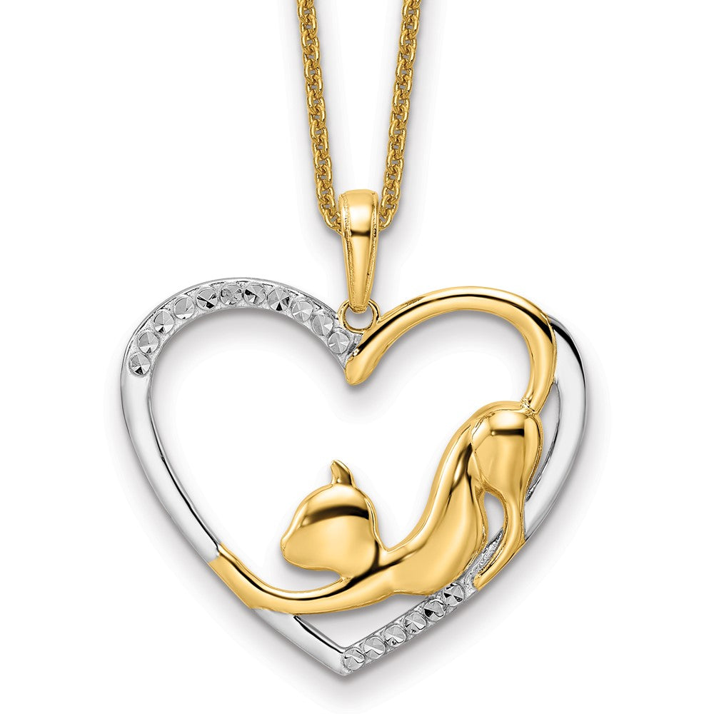 14k and White Rhodium Diamond-cut Cat Stretching in Heart Pendant Necklace