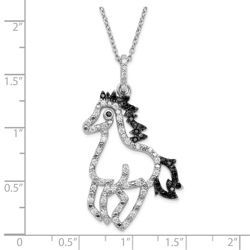 Sterling Silver Rhodium-plated Polished Black and White CZ Horse 16 Inch with 2 Inch Extension Necklace