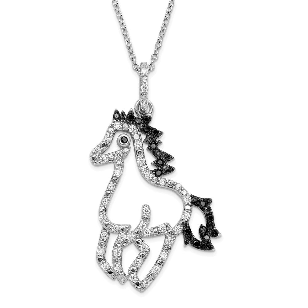 Sterling Silver Rhodium-plated Polished Black and White CZ Horse 16 Inch with 2 Inch Extension Necklace