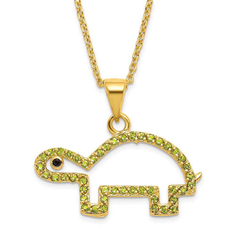 STERLING SILVER GOLD PLATE SIMULATED PERIDOT AND BLACK CZ TURTLE 16+2 NECKLACE