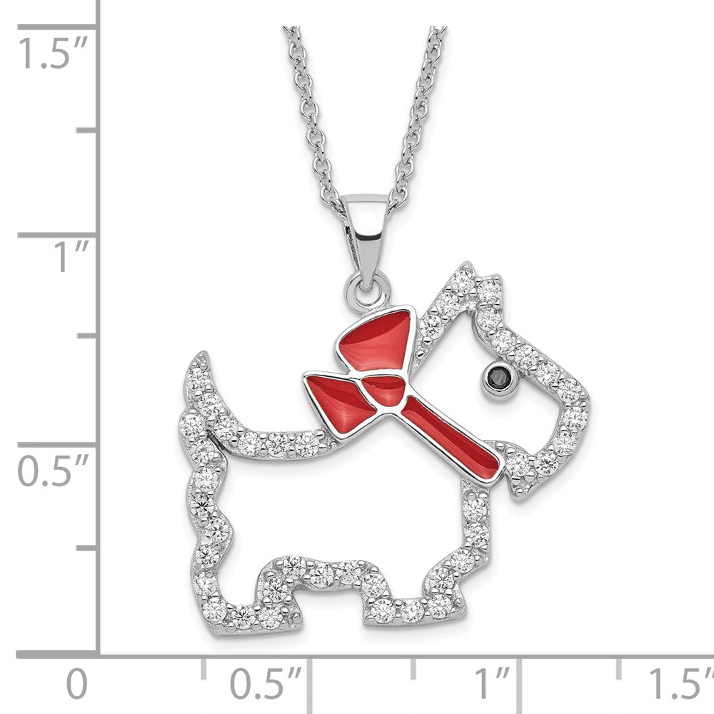 Sterling Silver Rhodium-plated Polished Black and White CZ Enameled Scottie Dog 16 Inch with 2 Inch Extension Necklace