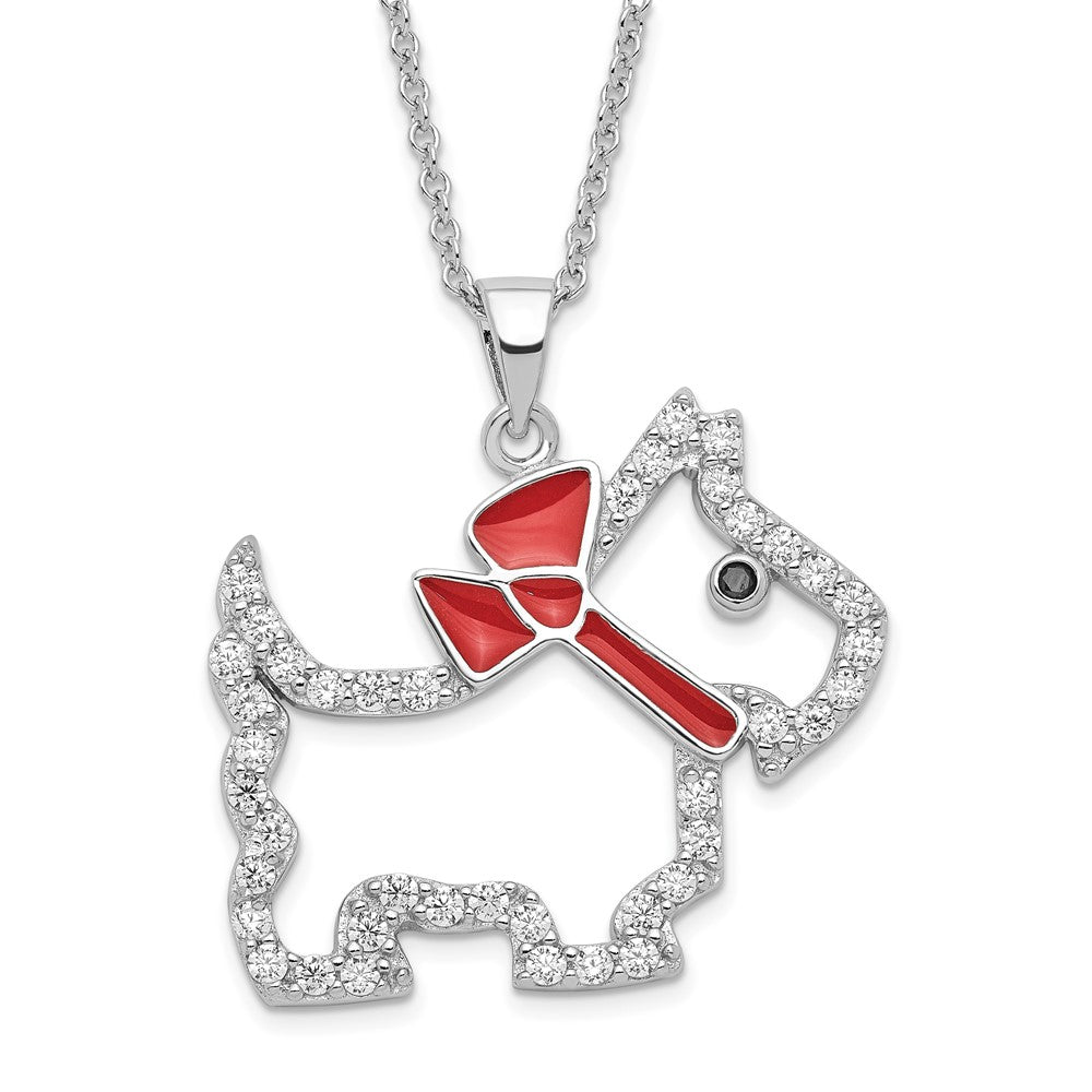 Sterling Silver Rhodium-plated Polished Black and White CZ Enameled Scottie Dog 16 Inch with 2 Inch Extension Necklace