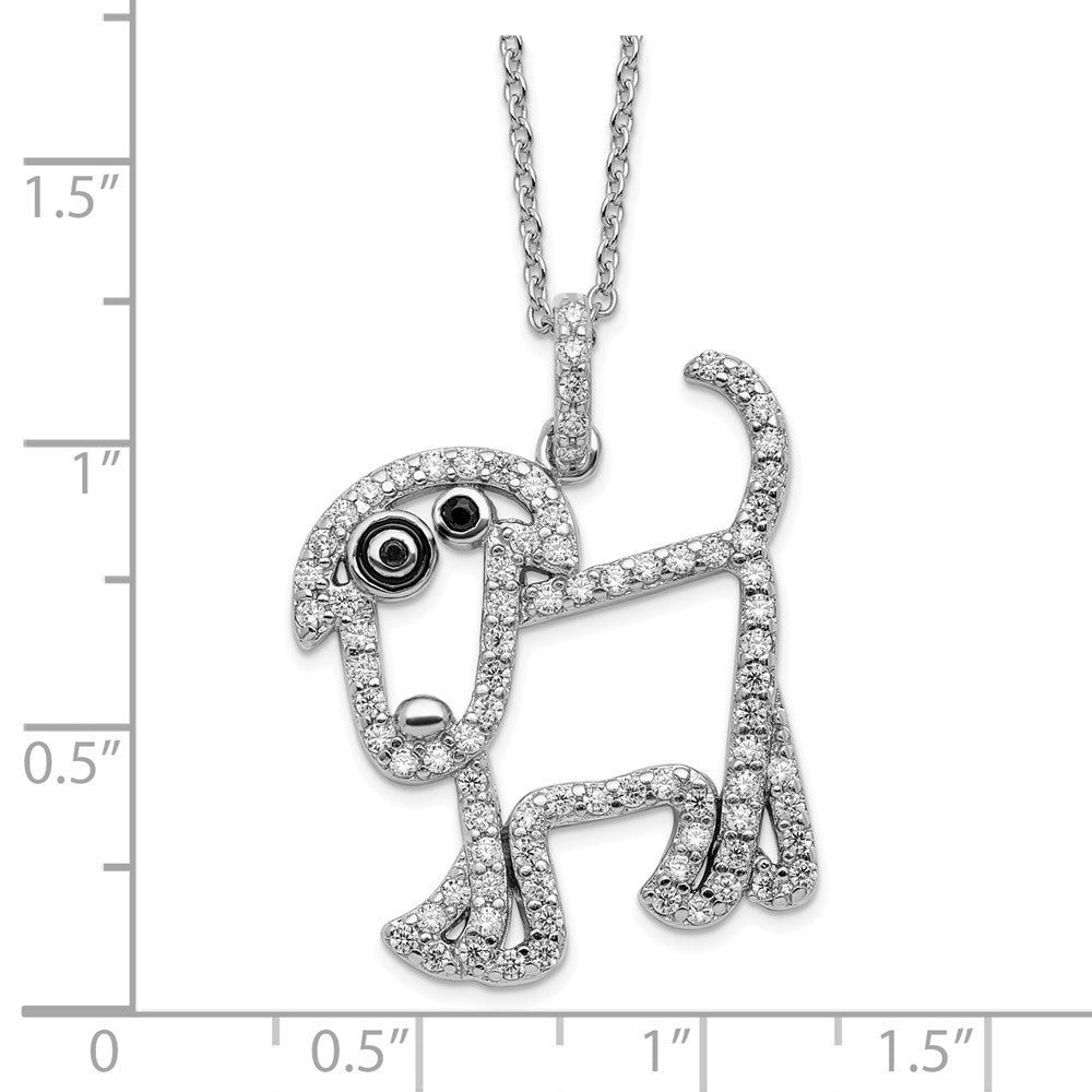 Sterling Silver Rhodium-plated Polished Black and White CZ Enameled Dog 16 Inch with 2 Inch Extension Necklace