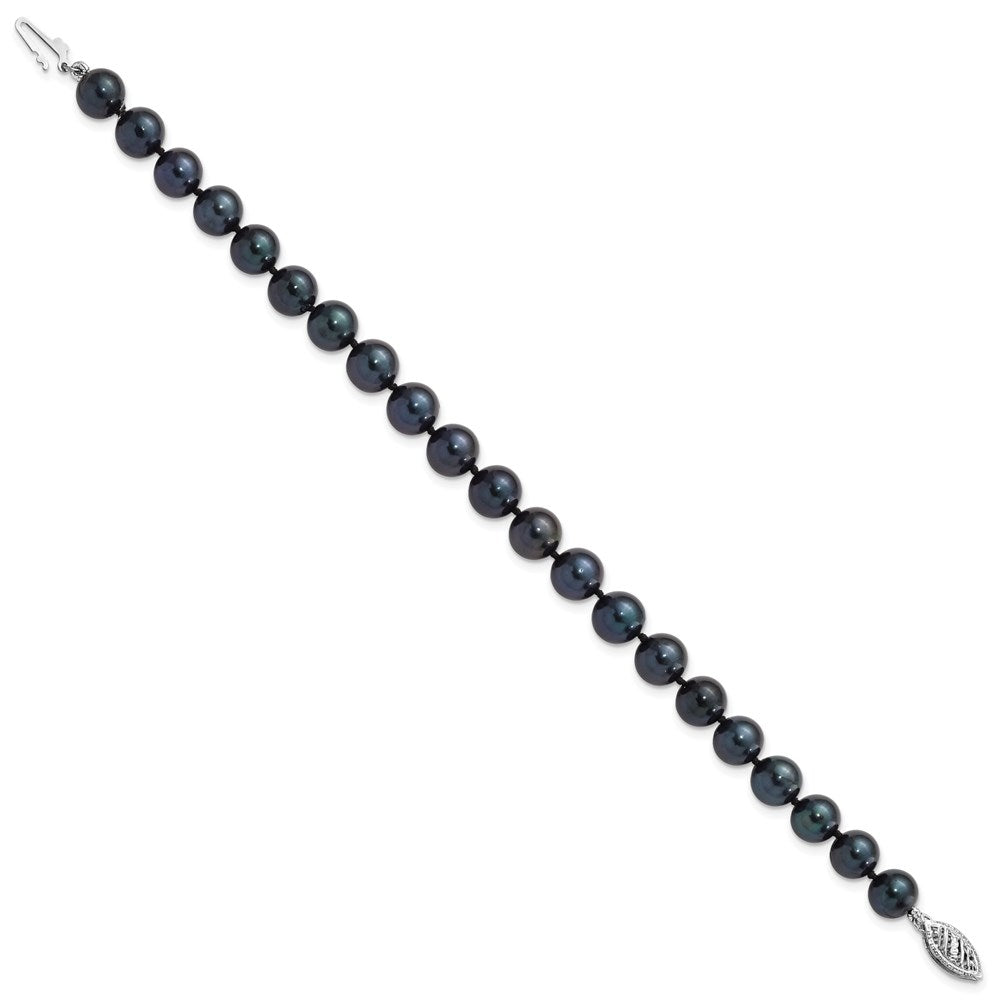 14k White Gold 7-8mm Round Black Saltwater Akoya Cultured Pearl Bracelet