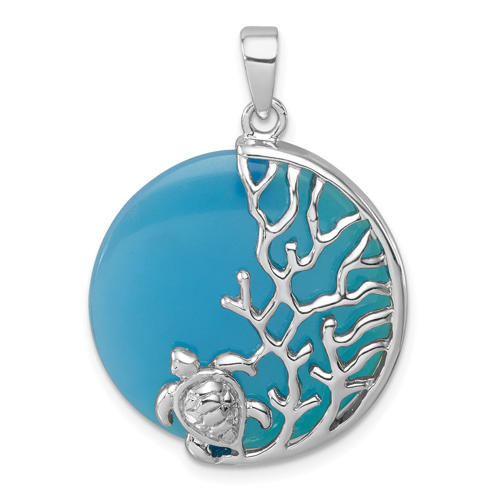 Sterling Silver Rhodium-Plated Polished Blue Agate Turtle and Reef Round Pendant