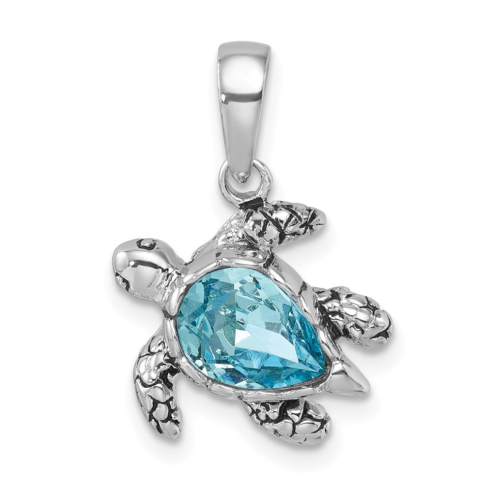 Sterling Silver Rhodium-plated Polished and Antiqued Blue Crystal Turtle Pendant