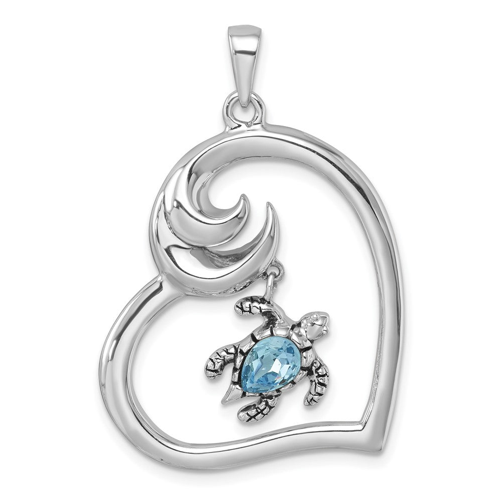 Sterling Silver Rhodium-plated Polished and Antiqued Blue Crystal Turtle Heart with Wave Pendant