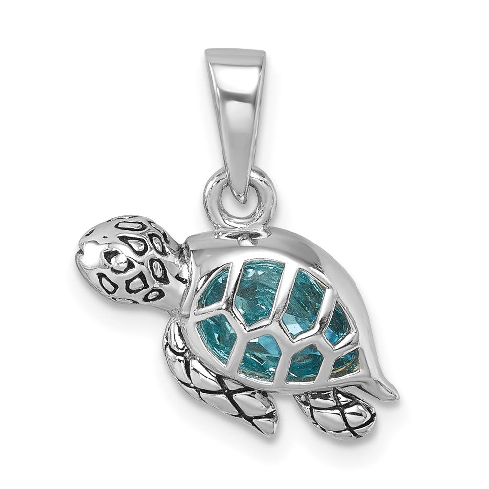 Sterling Silver Rhodium-Plated Polished and Antiqued Crystal Swimming Turtle Pendant