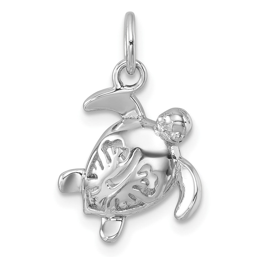 Sterling Silver Rhodium-Plated Tiny Turtle with Flower Back Pendant