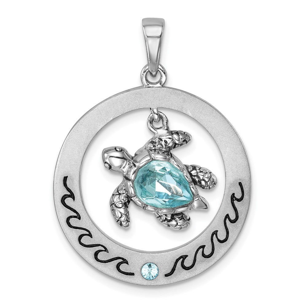 Sterling Silver Rhodium-plated Antiqued Round Moveable Crystal Turtle Pendant