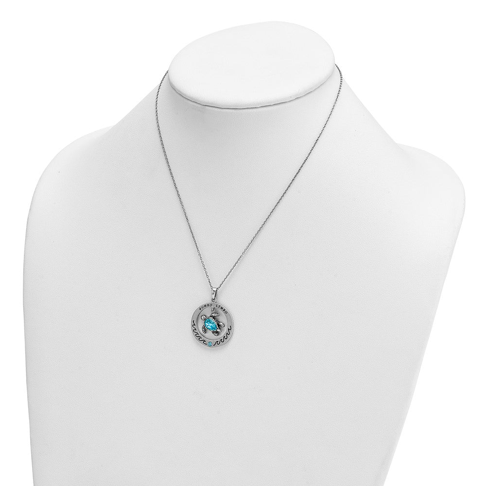Sterling Silver Rhodium-Plated Blue Crystal Turtle Circle 16 + Necklace