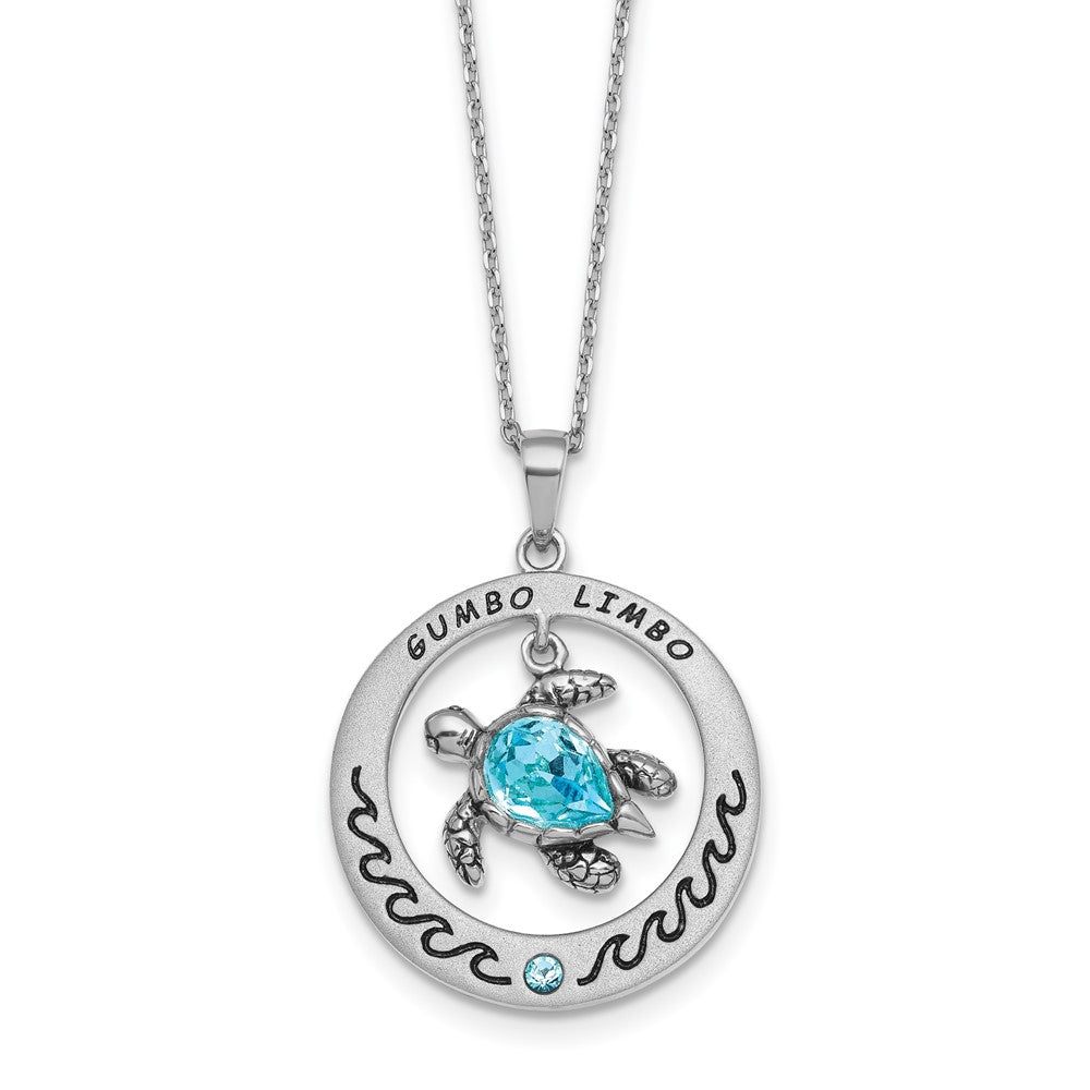 Sterling Silver Rhodium-Plated Blue Crystal Turtle Circle 16 + Necklace