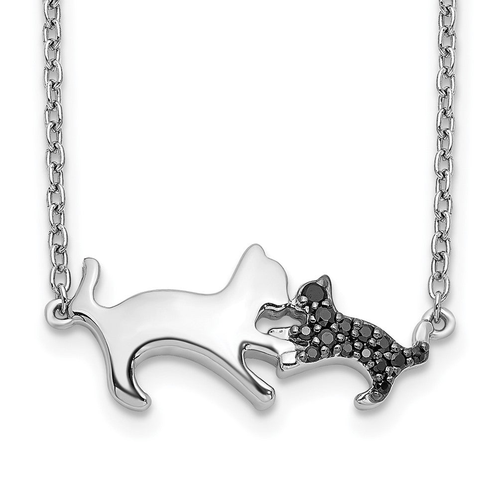 14k White Gold Black Diamond Mother and Baby Cat 18 inch Necklace