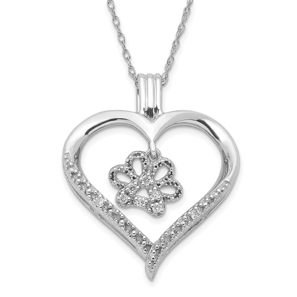 10k White Gold Polished Paw Print Heart Diamond Necklace