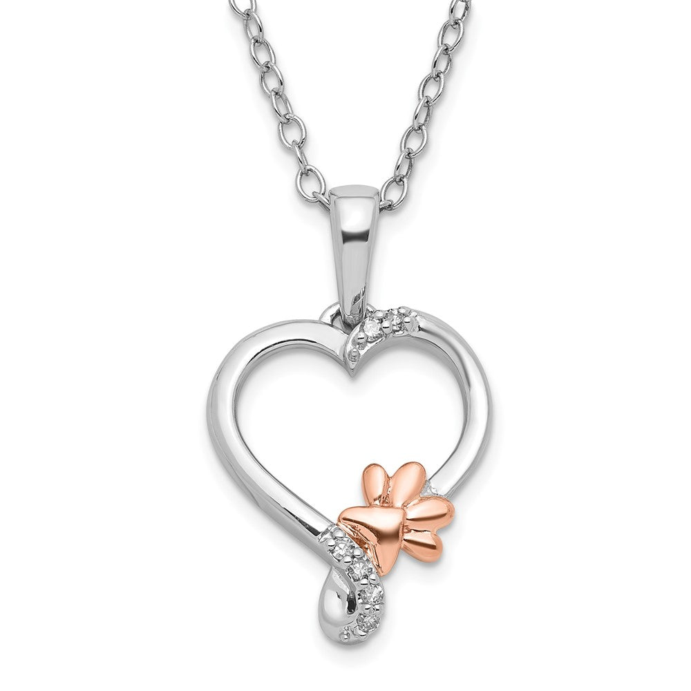 Sterling Silver w/ 10k Rose Accent Diamond Paw Print Heart Necklace