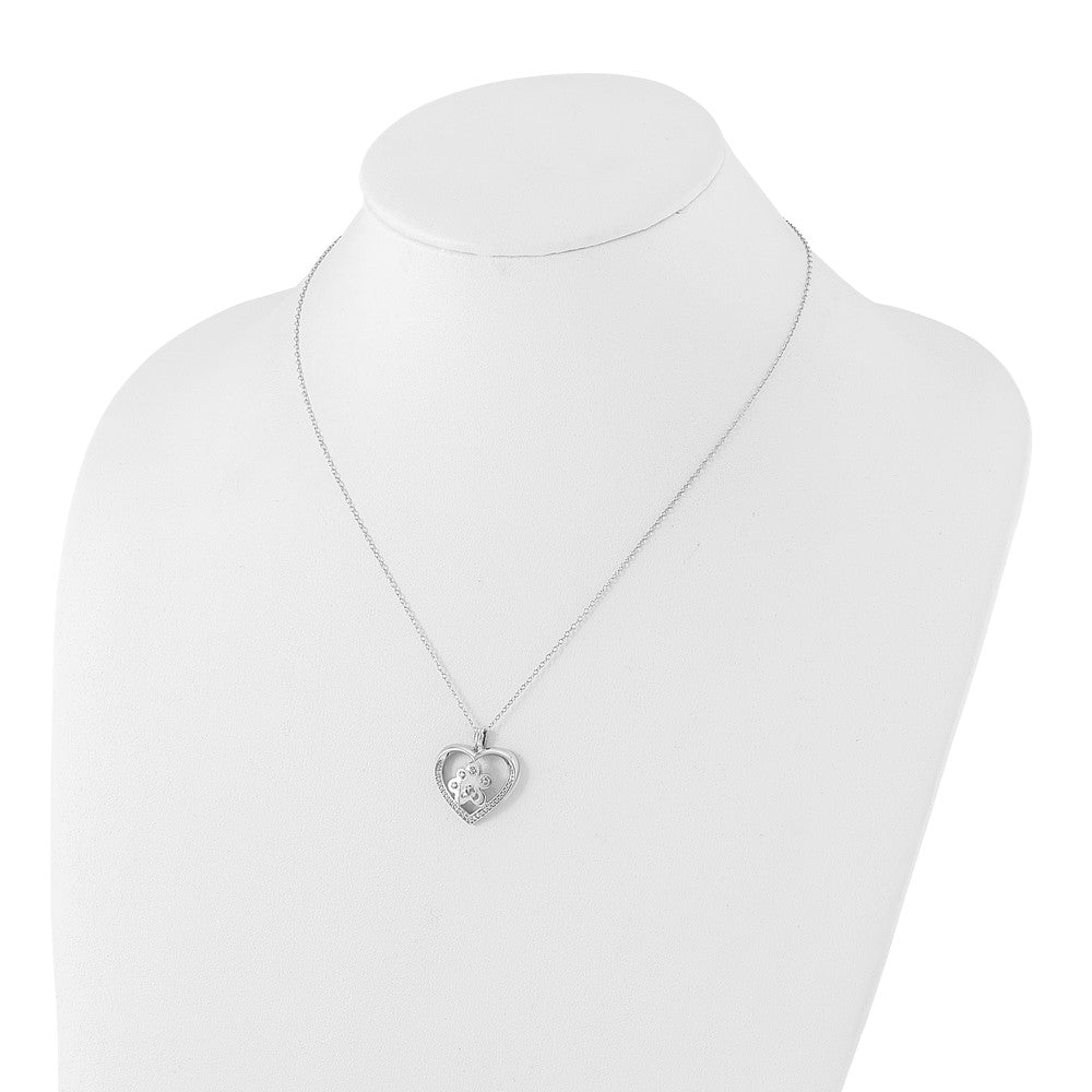 Sterling Silver Polished Diamond Paw Print Heart Necklace