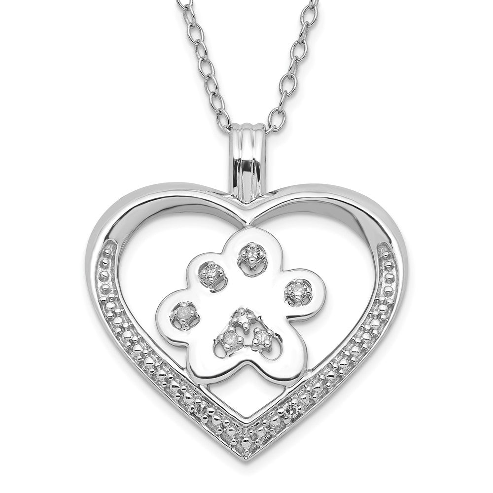 Sterling Silver Polished Diamond Paw Print Heart Necklace