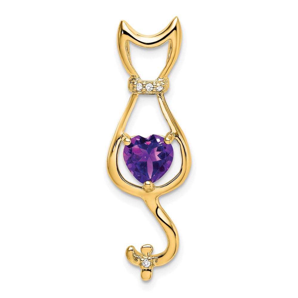 14k Heart Amethyst and Diamond Cat Chain Slide