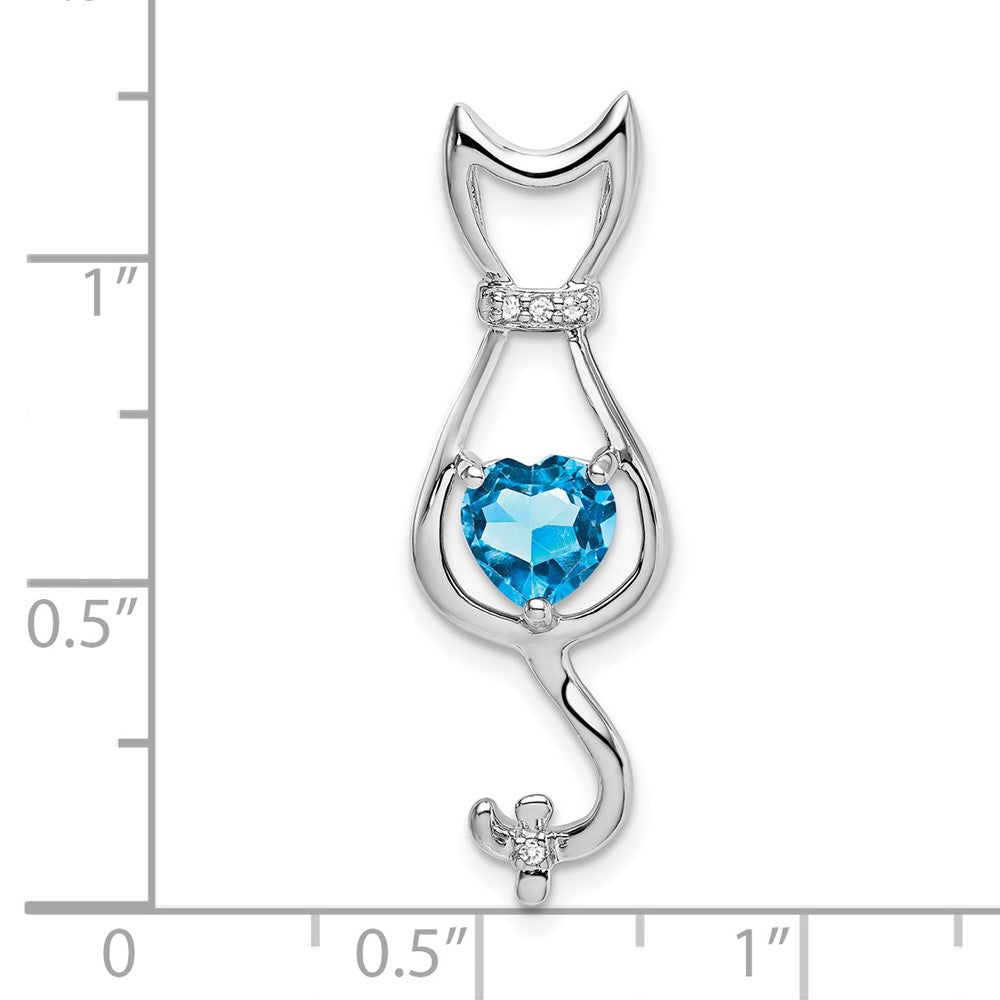 10k White Gold Heart Blue Topaz and Diamond Cat Pendant